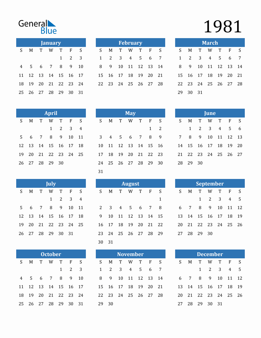 1981 Calendar Year: Simple Printable & Easy-to-Read Formats (Free Download)
